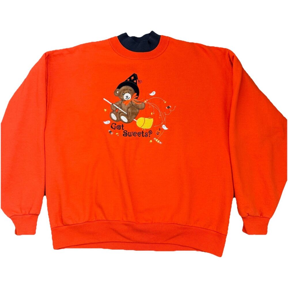 Vintage Halloween 90s Bear Witch Graphic Sweatshirt Orange Unisex Size Large